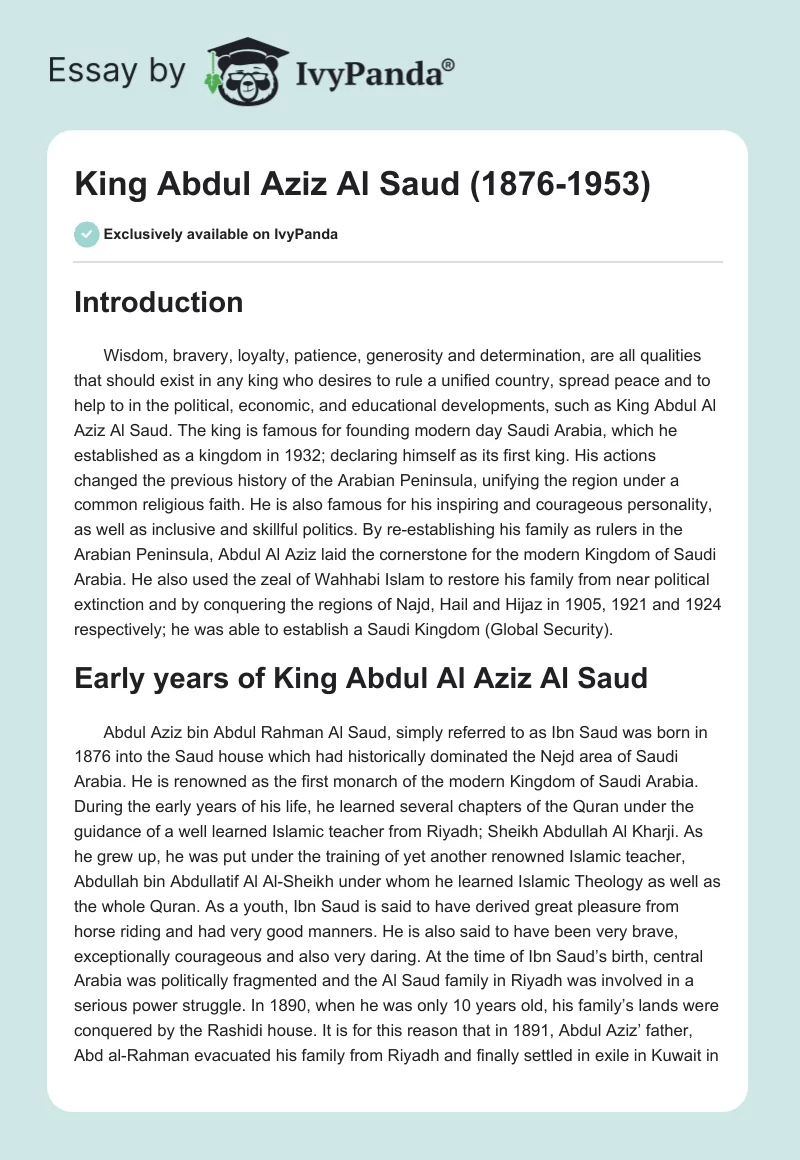 King Abdul Aziz Al Saud (1876-1953). Page 1