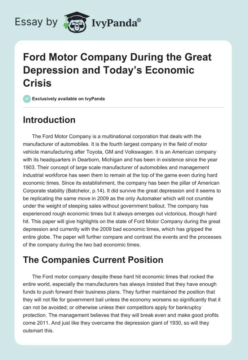 Ford Motor Company During the Great Depression and Today’s Economic Crisis. Page 1