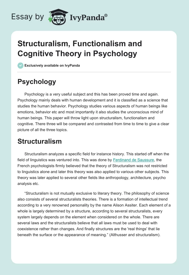 Structuralism, Functionalism and Cognitive Theory in Psychology. Page 1