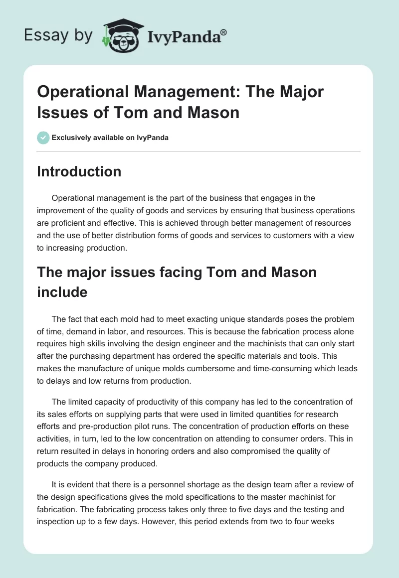 Operational Management: The Major Issues of Tom and Mason. Page 1