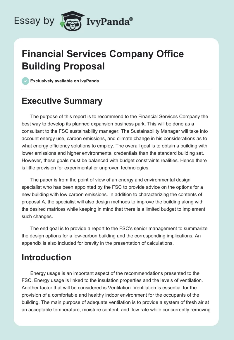 Financial Services Company Office Building Proposal. Page 1