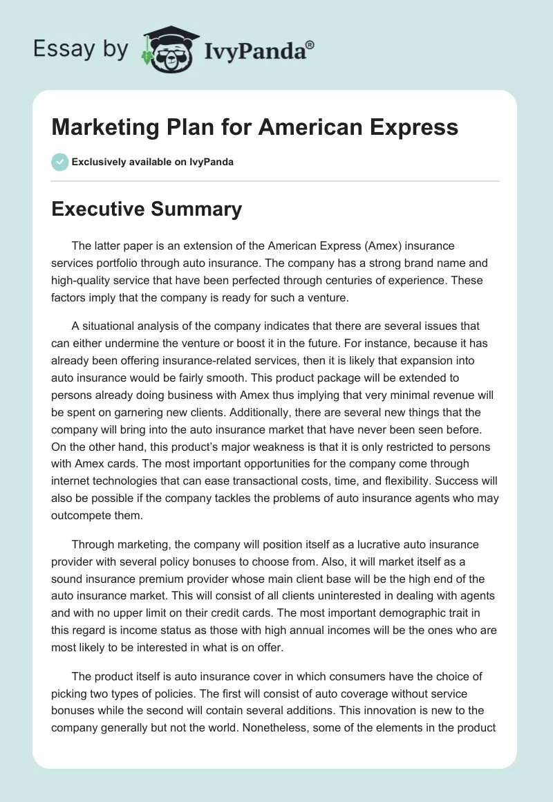 Marketing Plan for American Express. Page 1