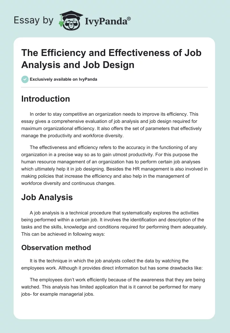 The Efficiency and Effectiveness of Job Analysis and Job Design. Page 1