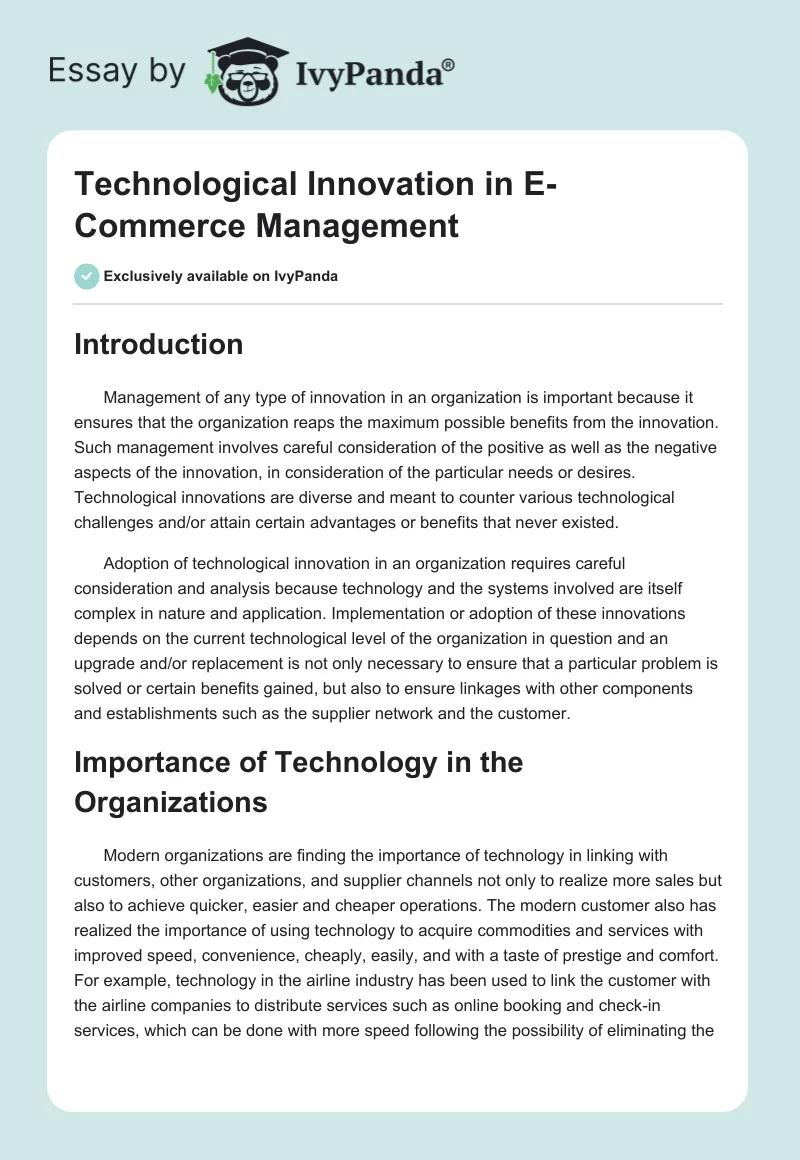 Technological Innovation in E-Commerce Management. Page 1