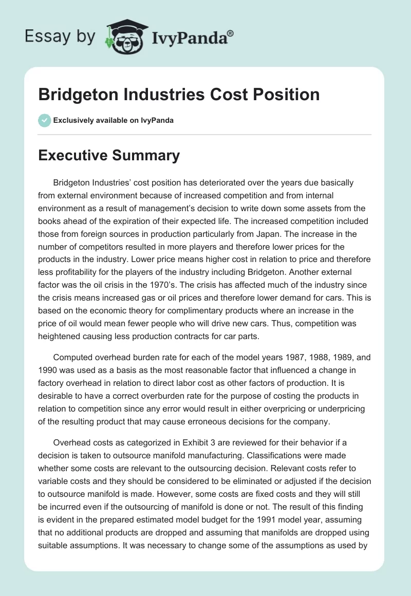 Bridgeton Industries Cost Position. Page 1