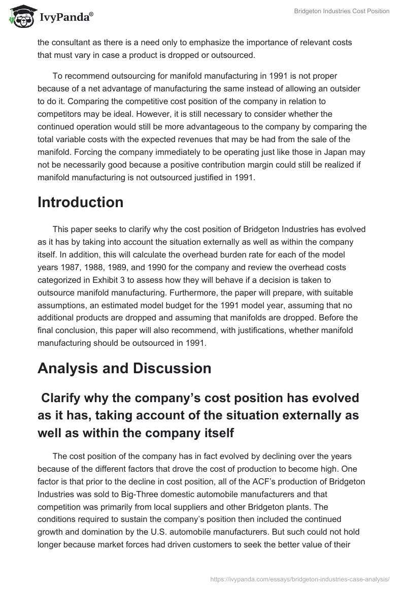 Bridgeton Industries Cost Position. Page 2
