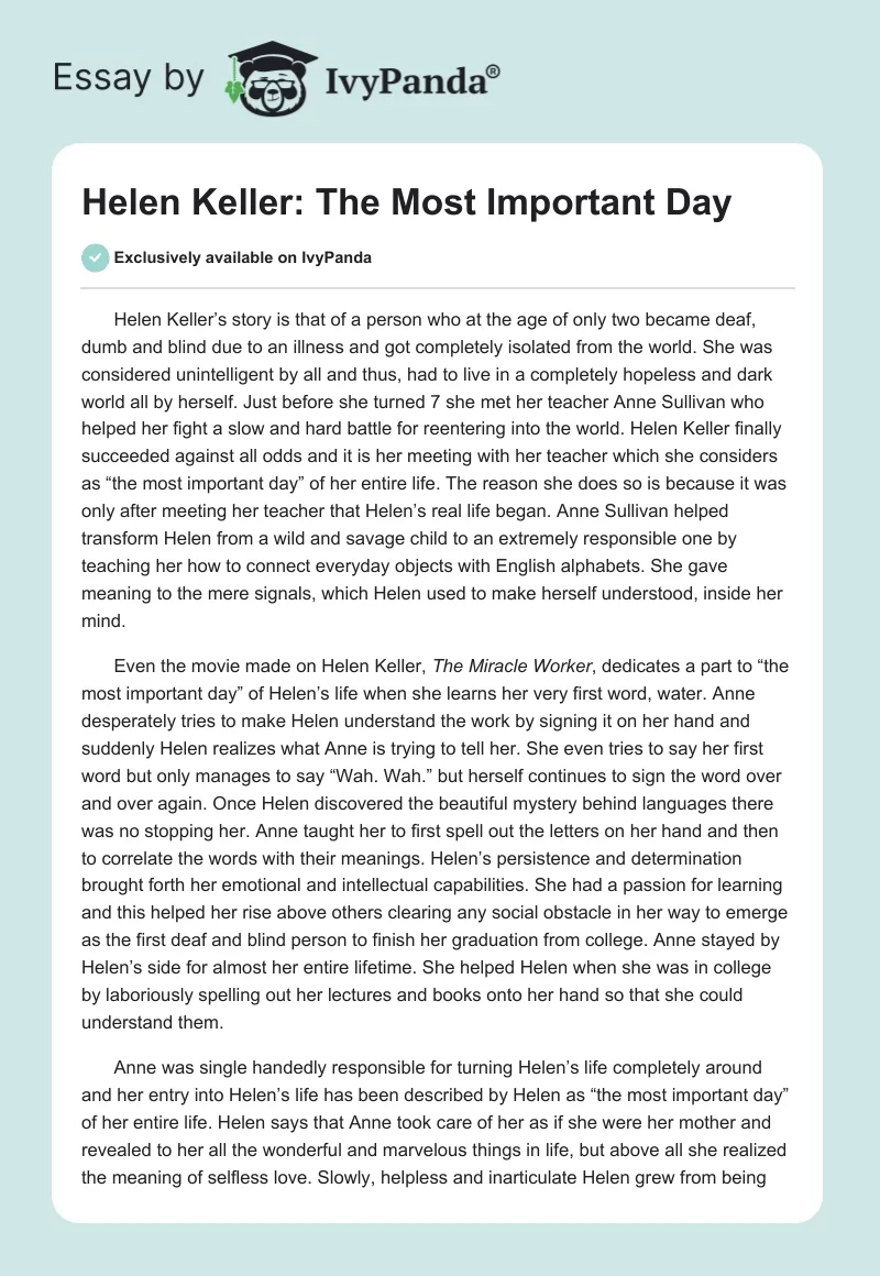 Helen Keller: The Most Important Day. Page 1