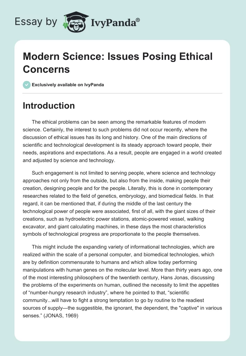 Modern Science: Issues Posing Ethical Concerns. Page 1