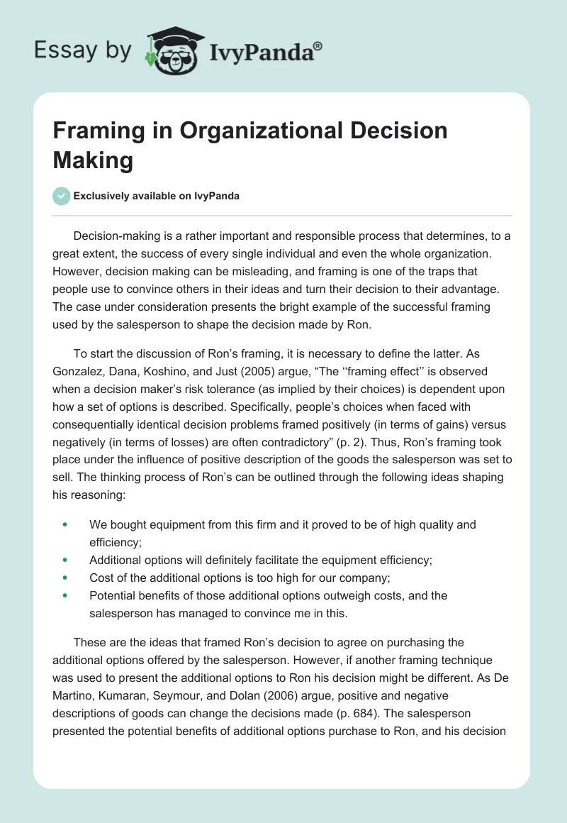 Framing in Organizational Decision Making. Page 1