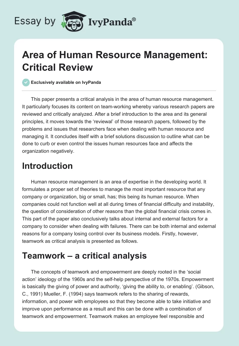 Area of Human Resource Management: Critical Review. Page 1
