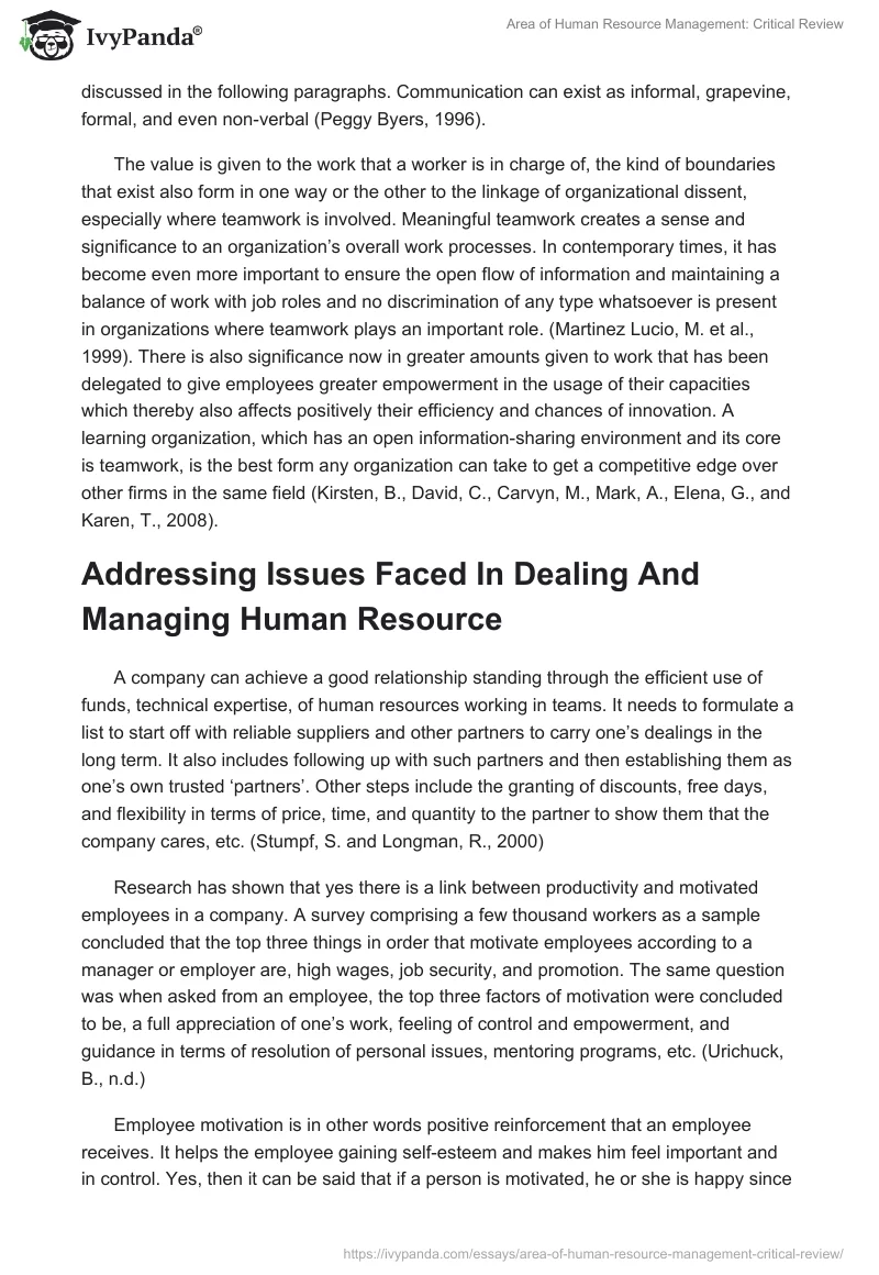 Area of Human Resource Management: Critical Review. Page 4