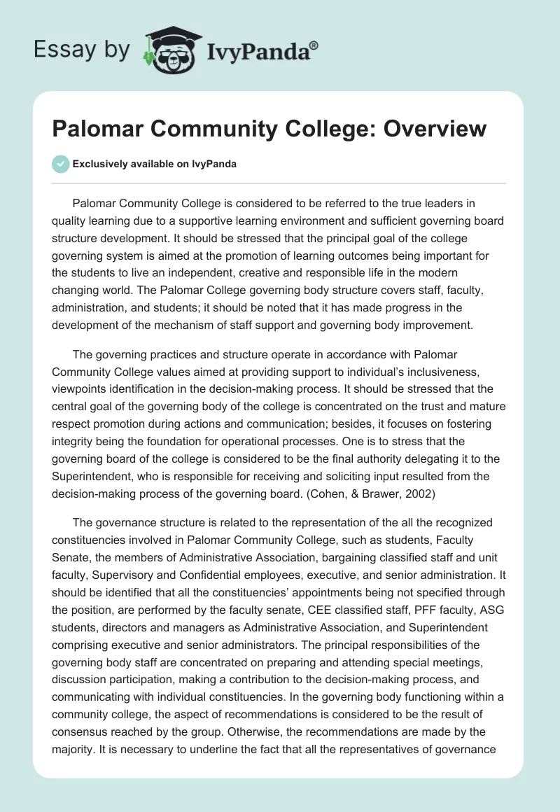 Palomar Community College: Overview. Page 1