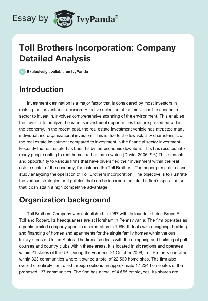 Toll Brothers Incorporation: Company Detailed Analysis. Page 1