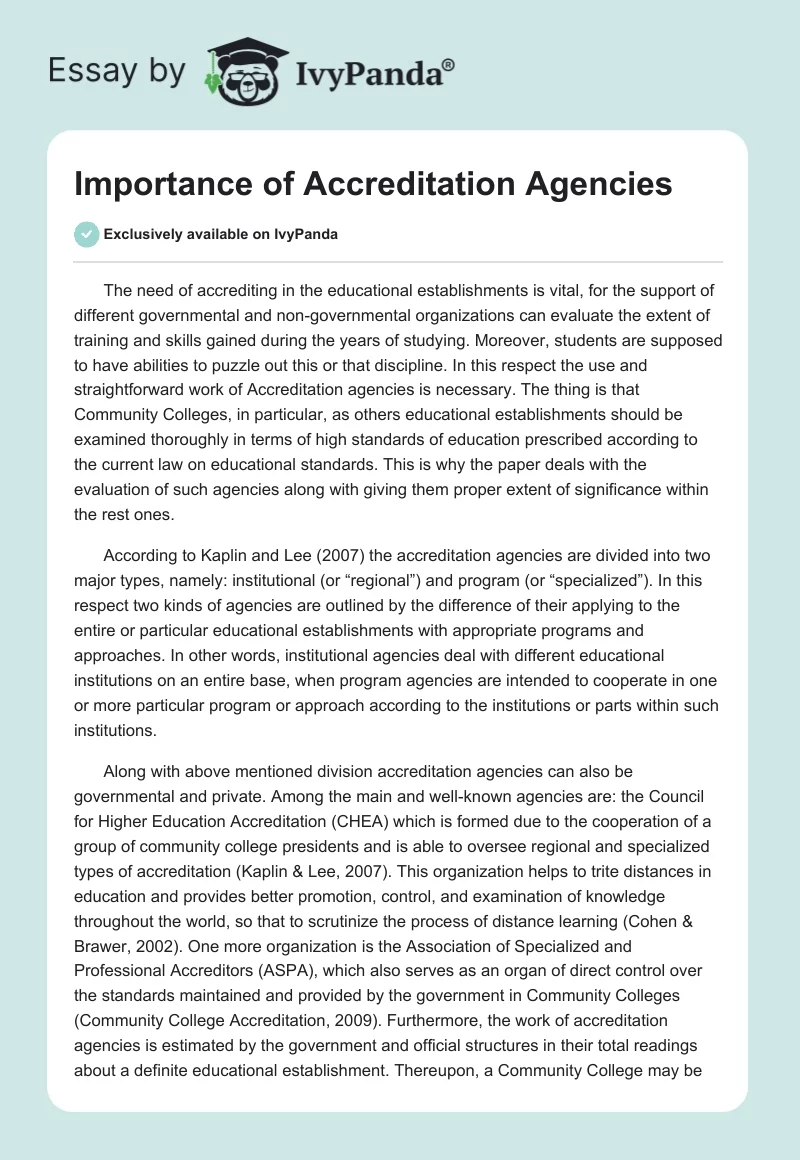 Importance of Accreditation Agencies. Page 1