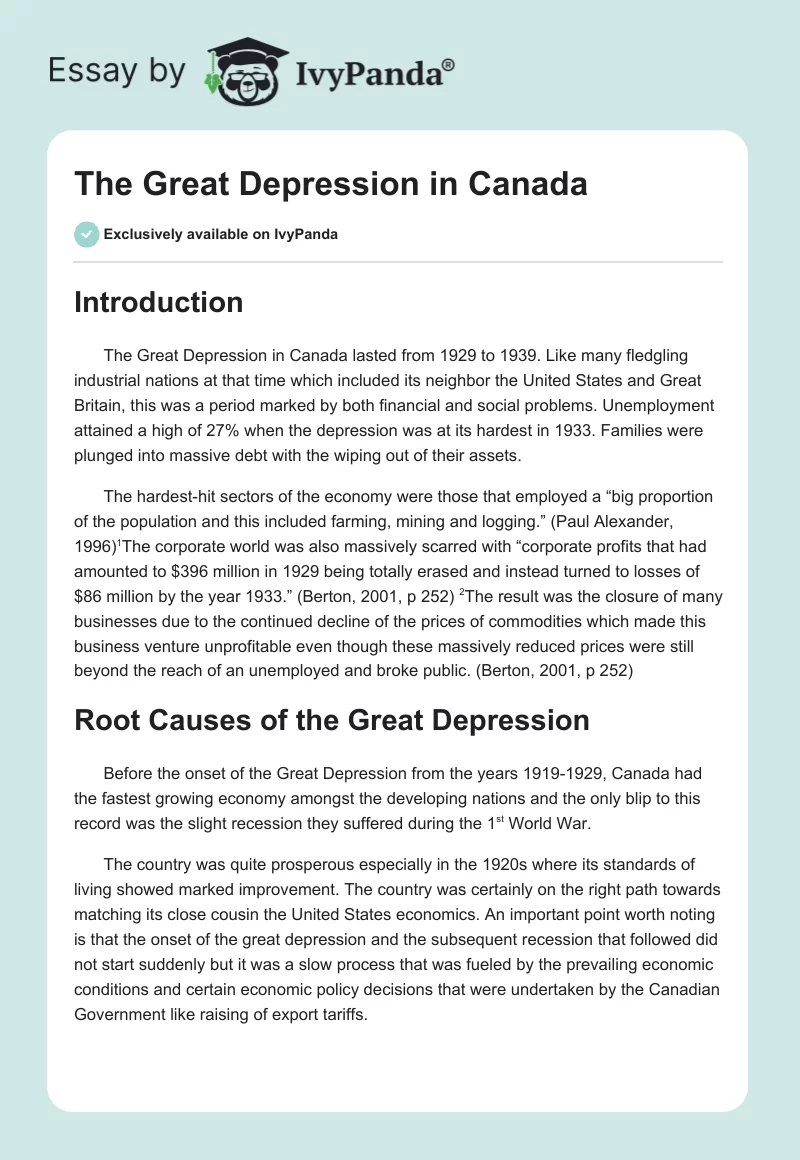 The Great Depression in Canada. Page 1