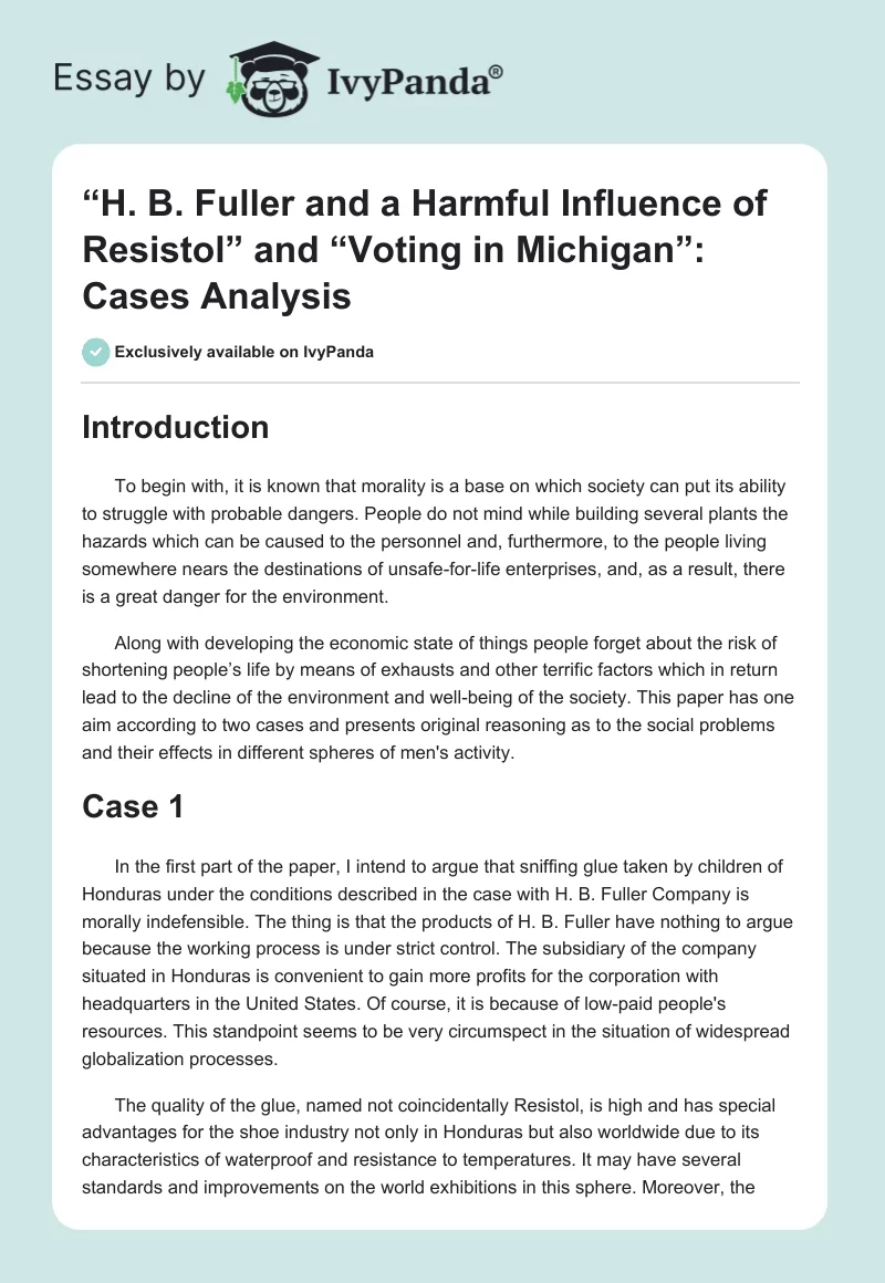 “H. B. Fuller and a Harmful Influence of Resistol” and “Voting in Michigan”: Cases Analysis. Page 1