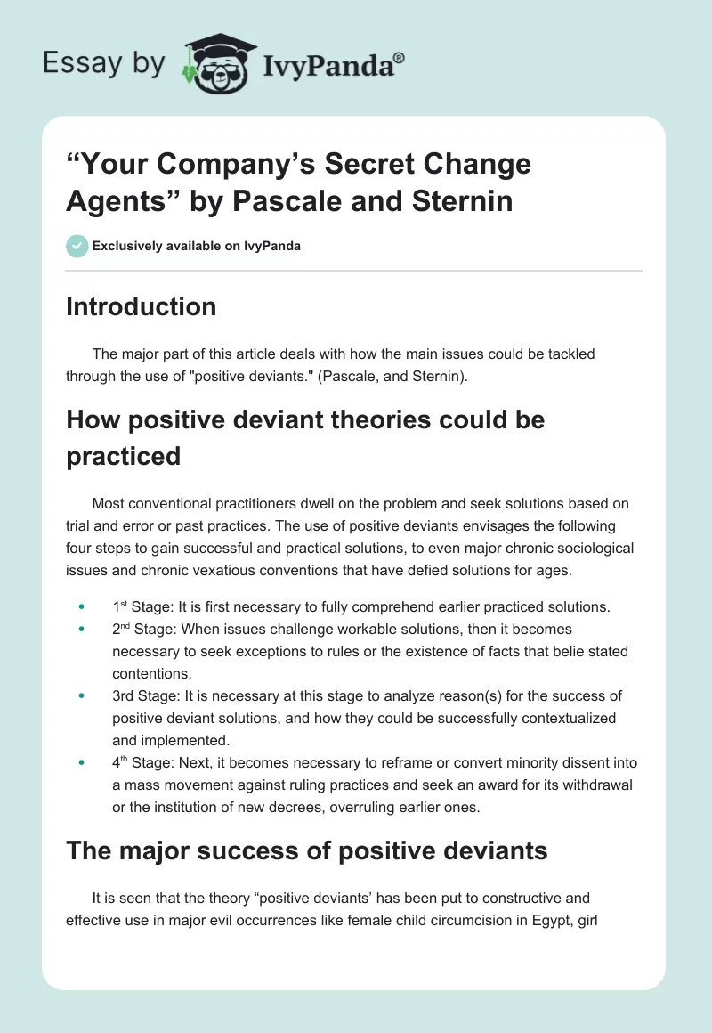 “Your Company’s Secret Change Agents” by Pascale and Sternin. Page 1