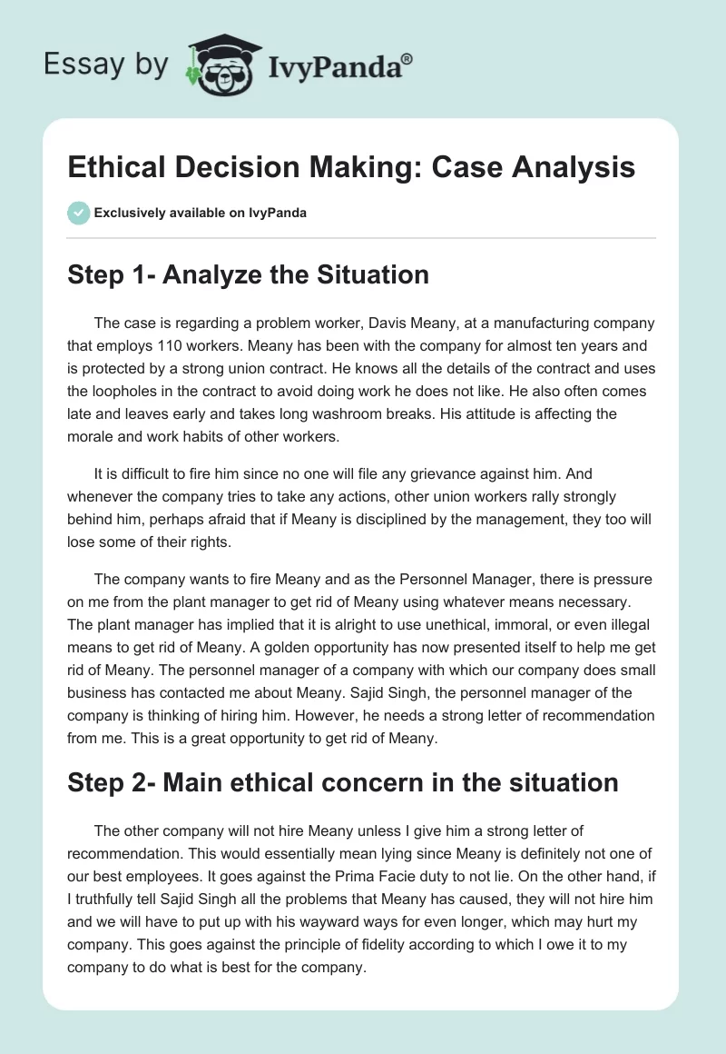 Ethical Decision Making: Case Analysis. Page 1