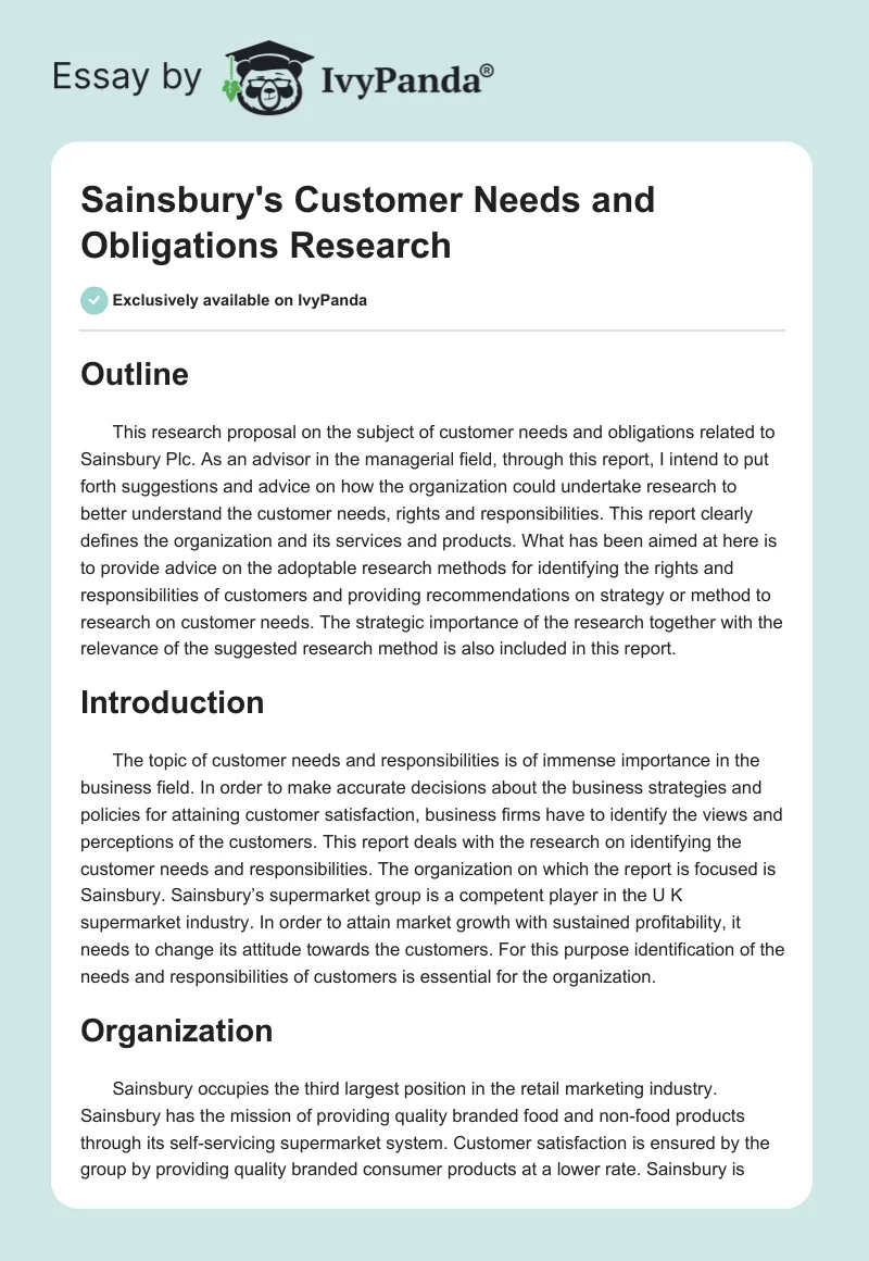 Sainsbury's Customer Needs and Obligations Research. Page 1