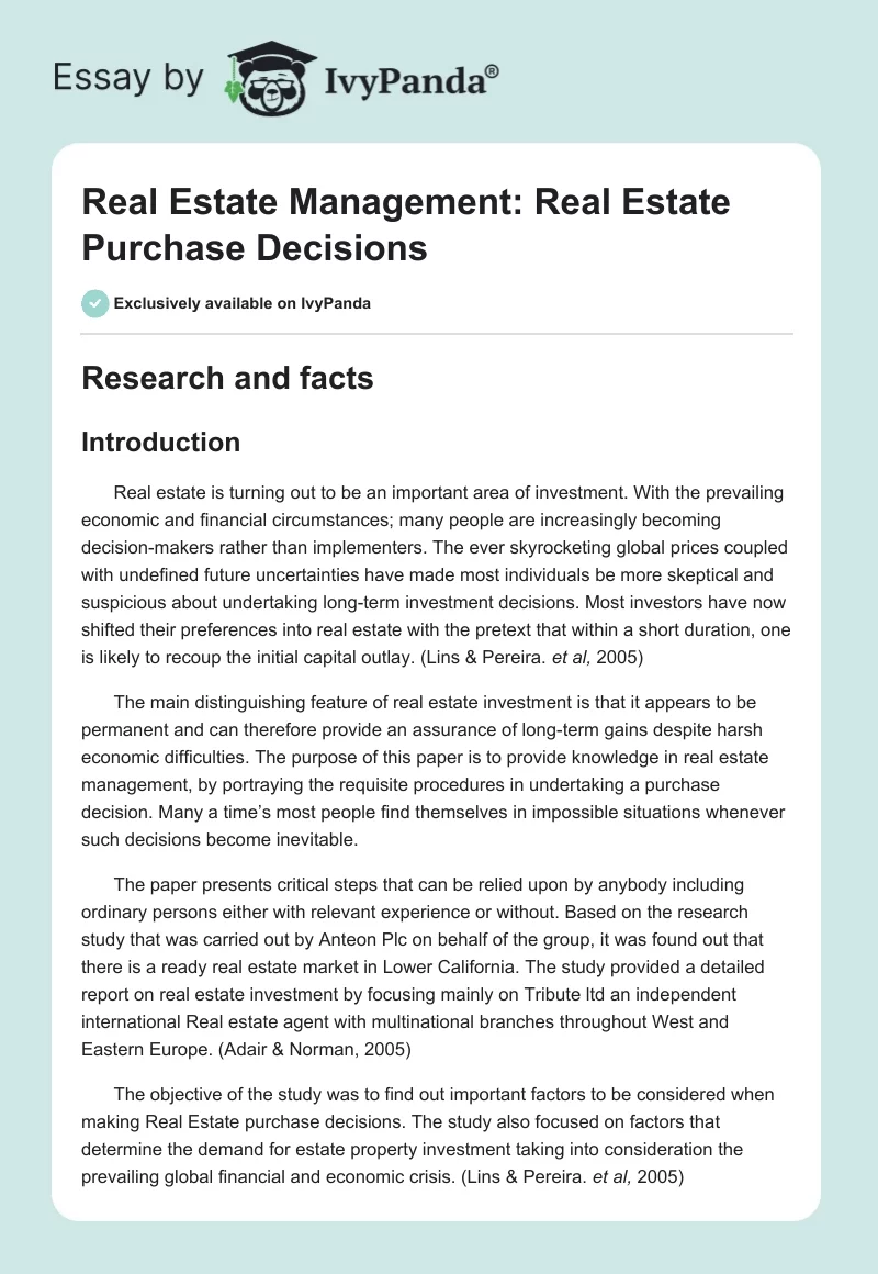 Real Estate Management: Real Estate Purchase Decisions. Page 1