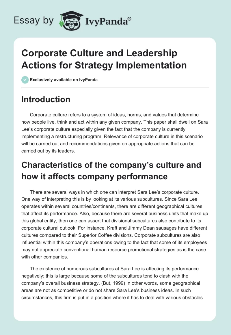 Corporate Culture and Leadership Actions for Strategy Implementation. Page 1