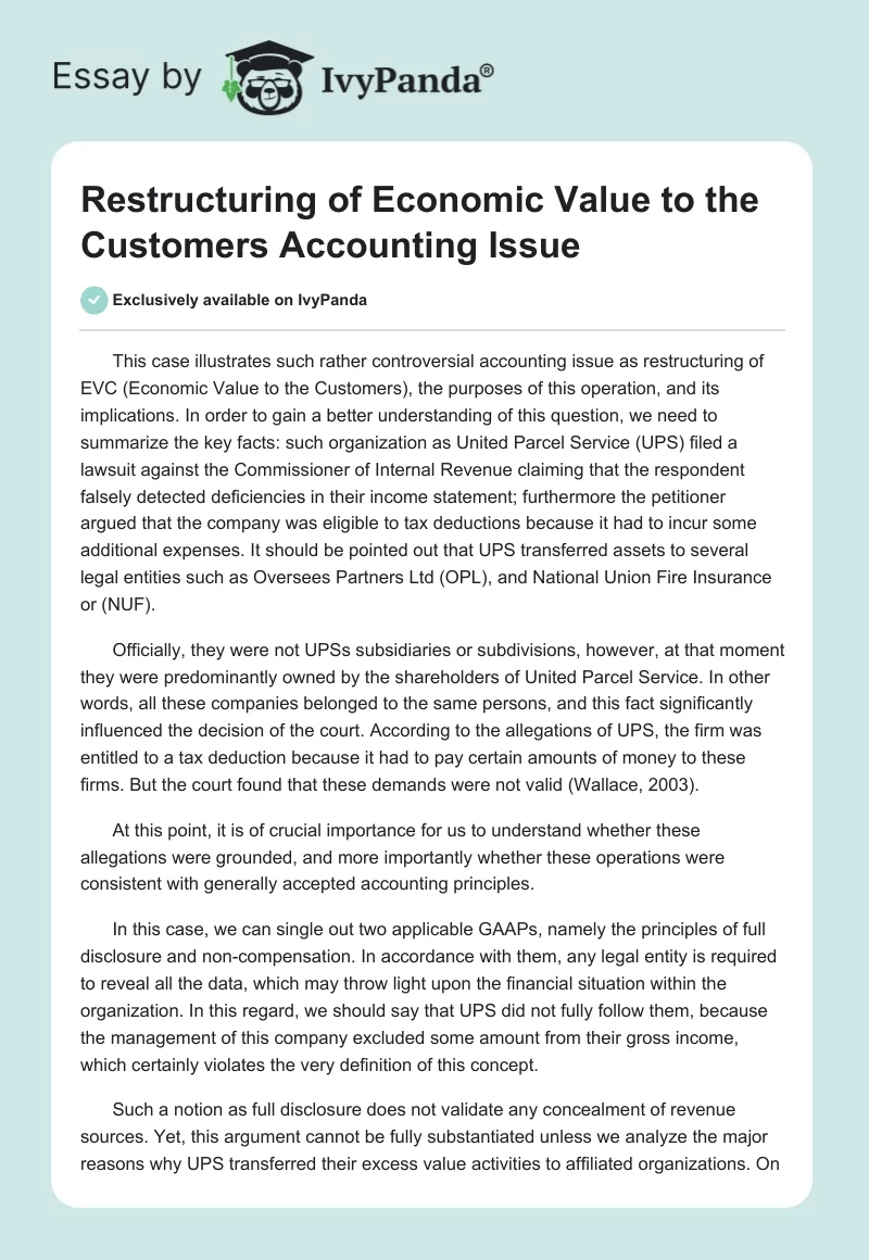 Restructuring of Economic Value to the Customers Accounting Issue. Page 1