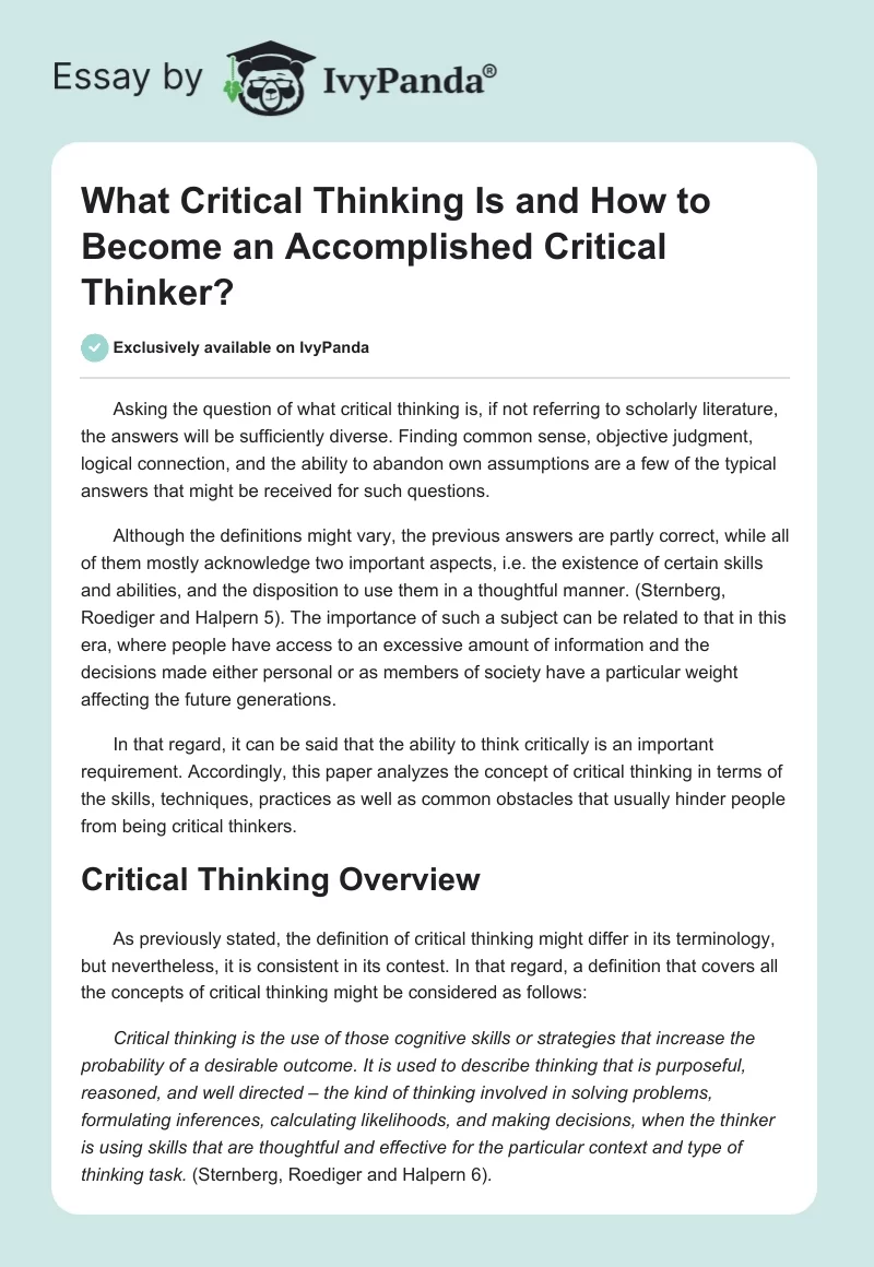 What Critical Thinking Is and How to Become an Accomplished Critical Thinker?. Page 1