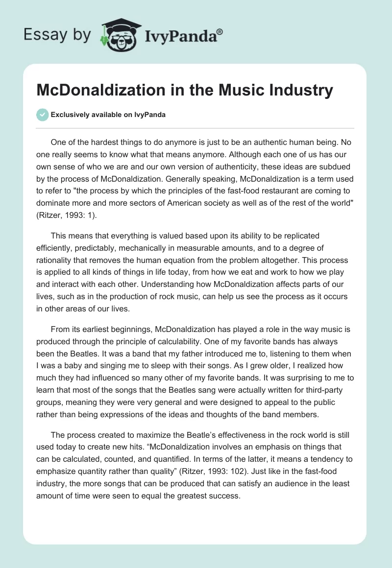 McDonaldization in the Music Industry. Page 1
