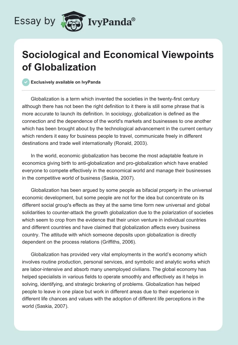Sociological and Economical Viewpoints of Globalization. Page 1