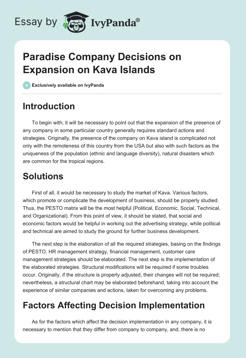 Paradise Company Decisions on Expansion on Kava Islands. Page 1
