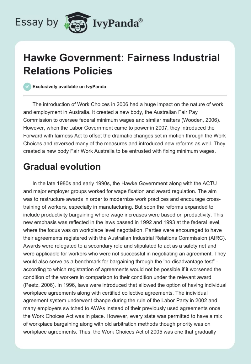 Hawke Government: Fairness Industrial Relations Policies. Page 1