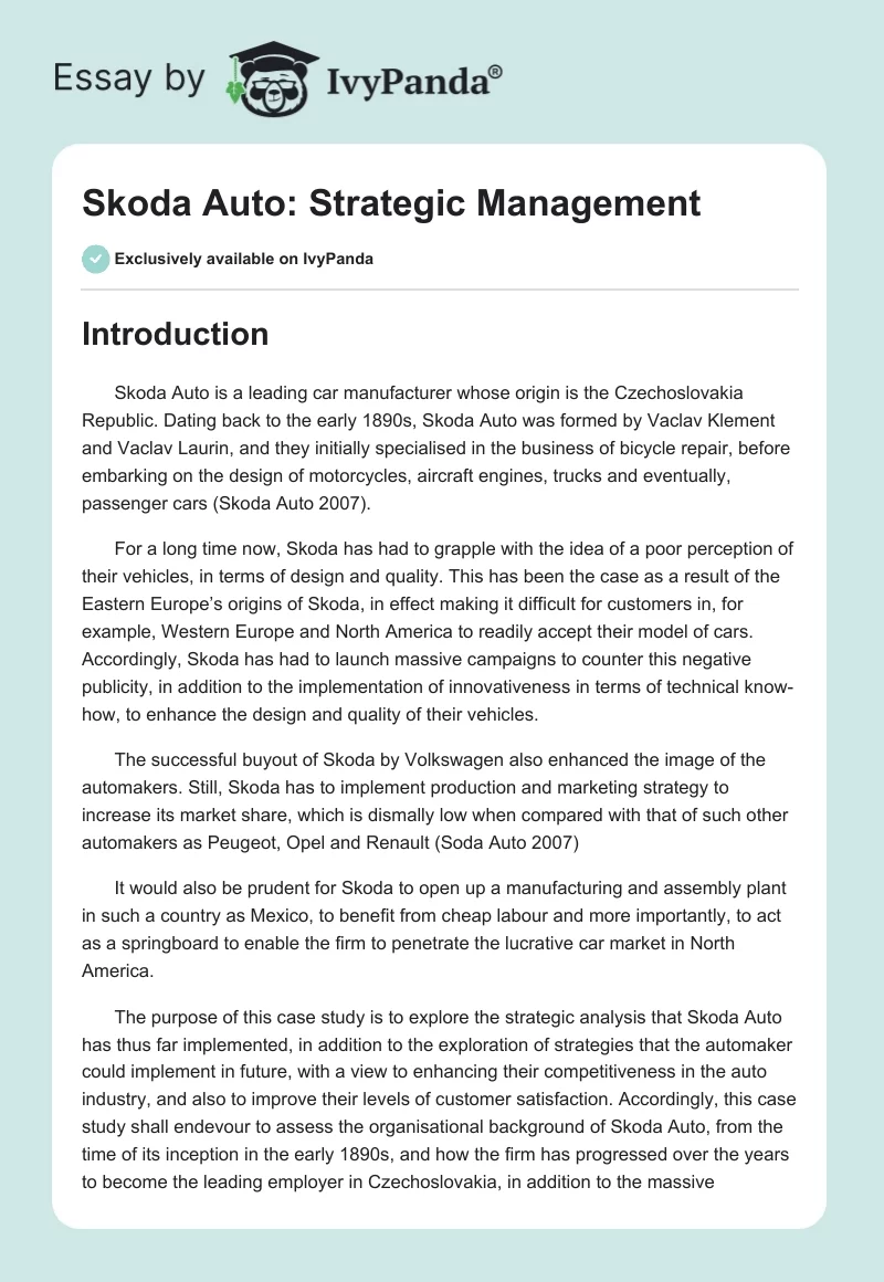 Skoda Auto: Strategic Management. Page 1
