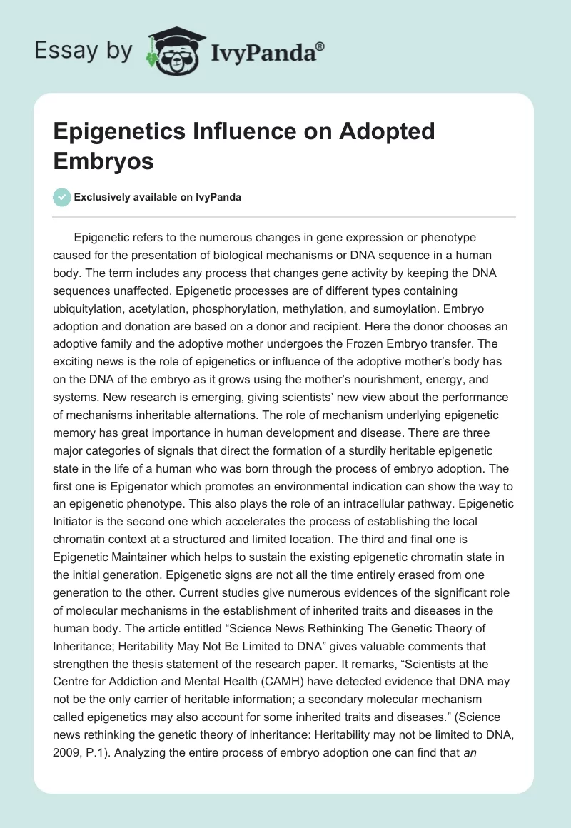 Epigenetics Influence on Adopted Embryos. Page 1