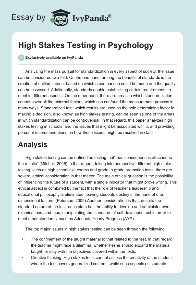 High Stakes Testing in Psychology. Page 1