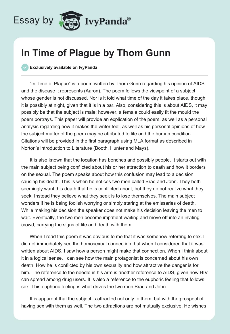 "In Time of Plague" by Thom Gunn. Page 1