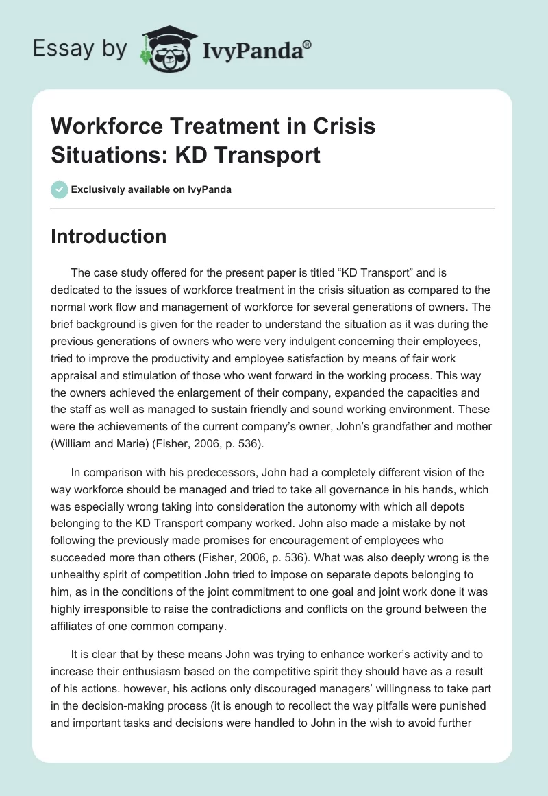 Workforce Treatment in Crisis Situations: KD Transport. Page 1