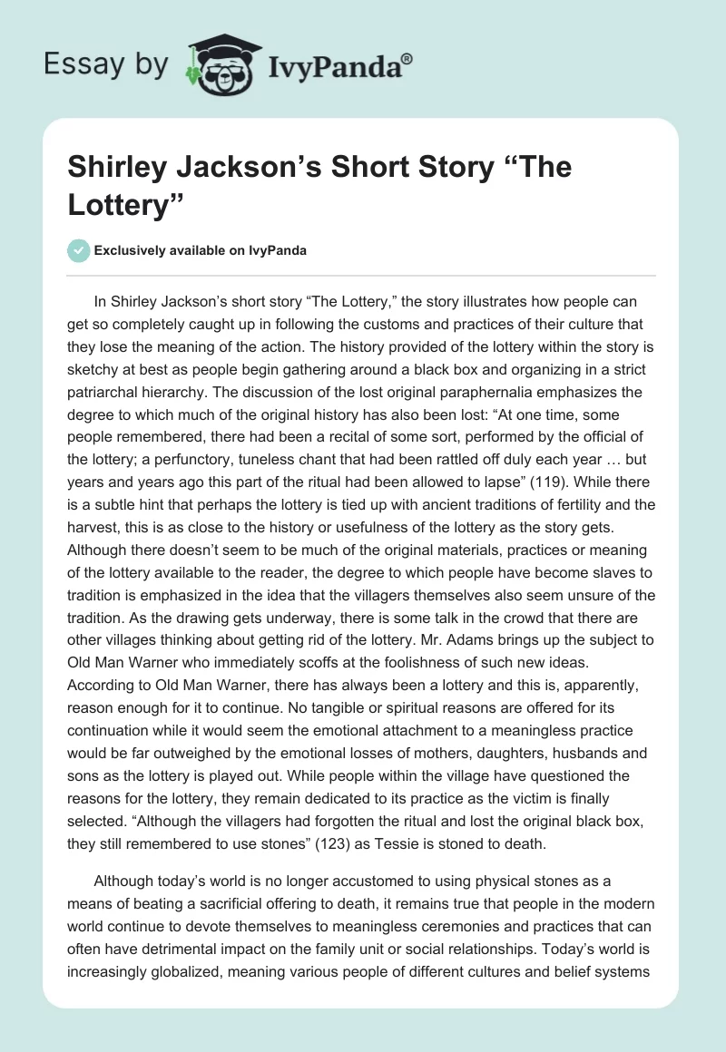 Shirley Jackson’s Short Story “The Lottery”. Page 1