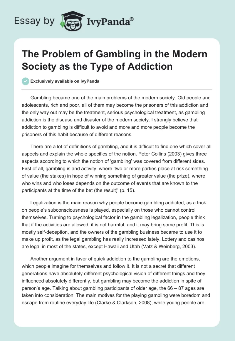 The Problem of Gambling in the Modern Society as the Type of Addiction. Page 1