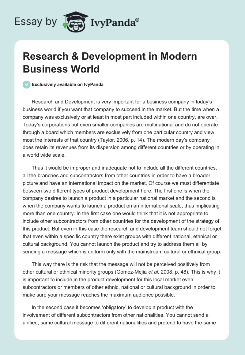 Research & Development in Modern Business World. Page 1