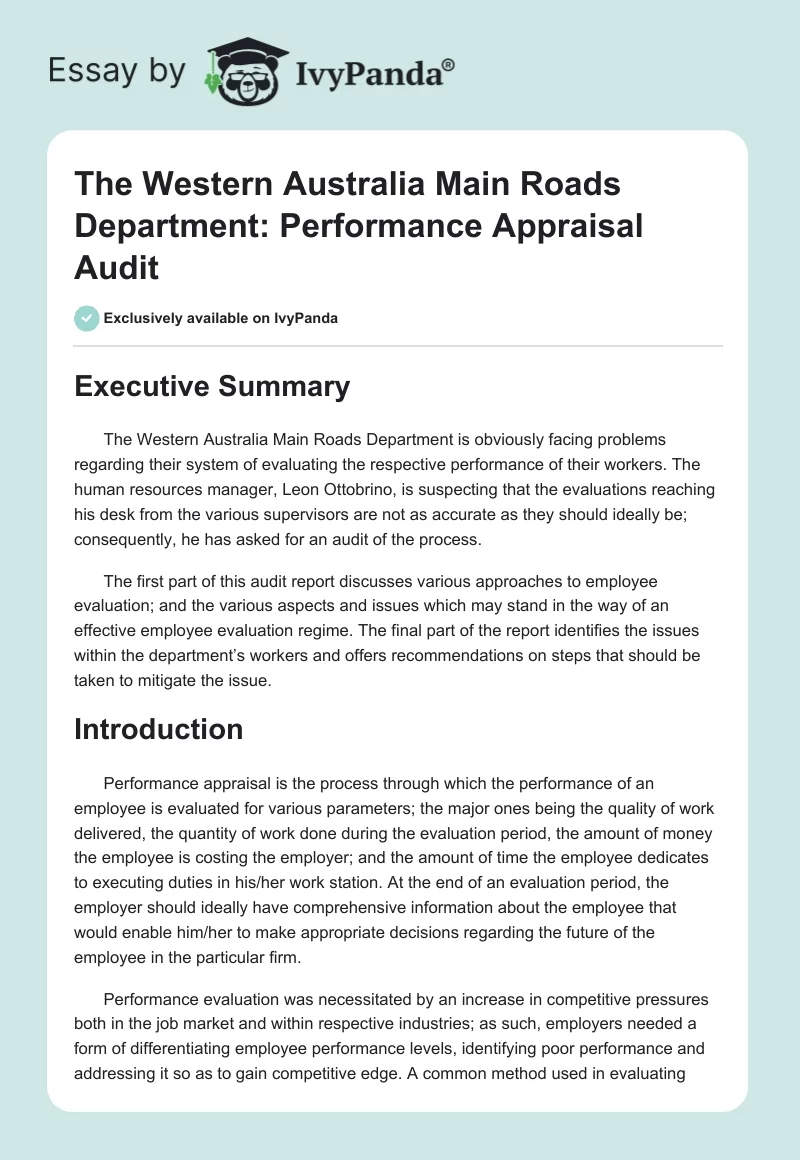 The Western Australia Main Roads Department: Performance Appraisal Audit. Page 1