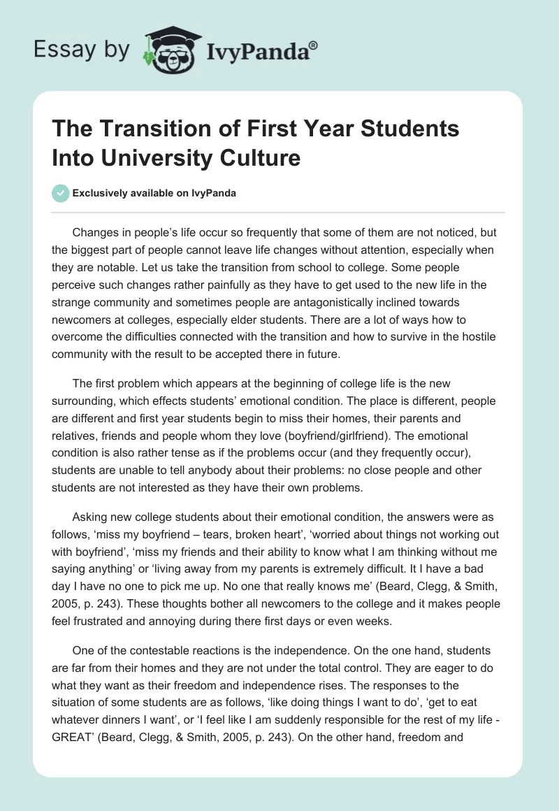 The Transition of First Year Students Into University Culture. Page 1