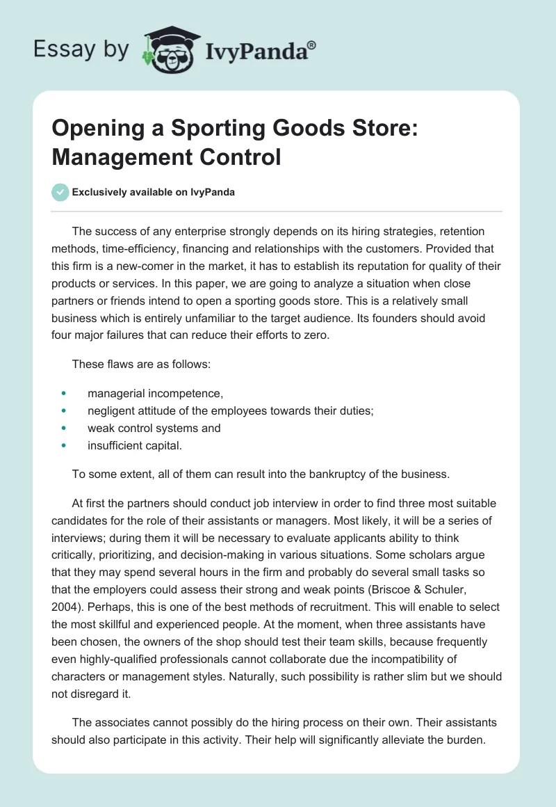 Opening a Sporting Goods Store: Management Control. Page 1