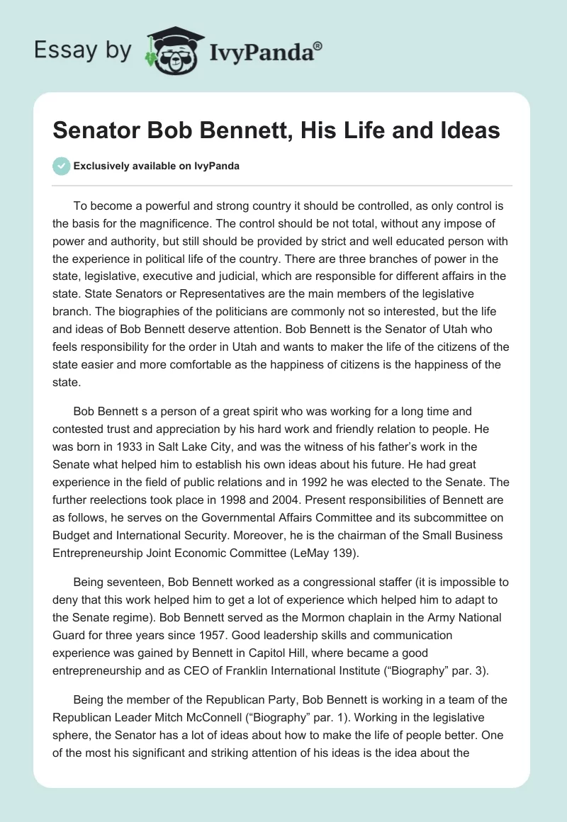 Senator Bob Bennett, His Life and Ideas. Page 1