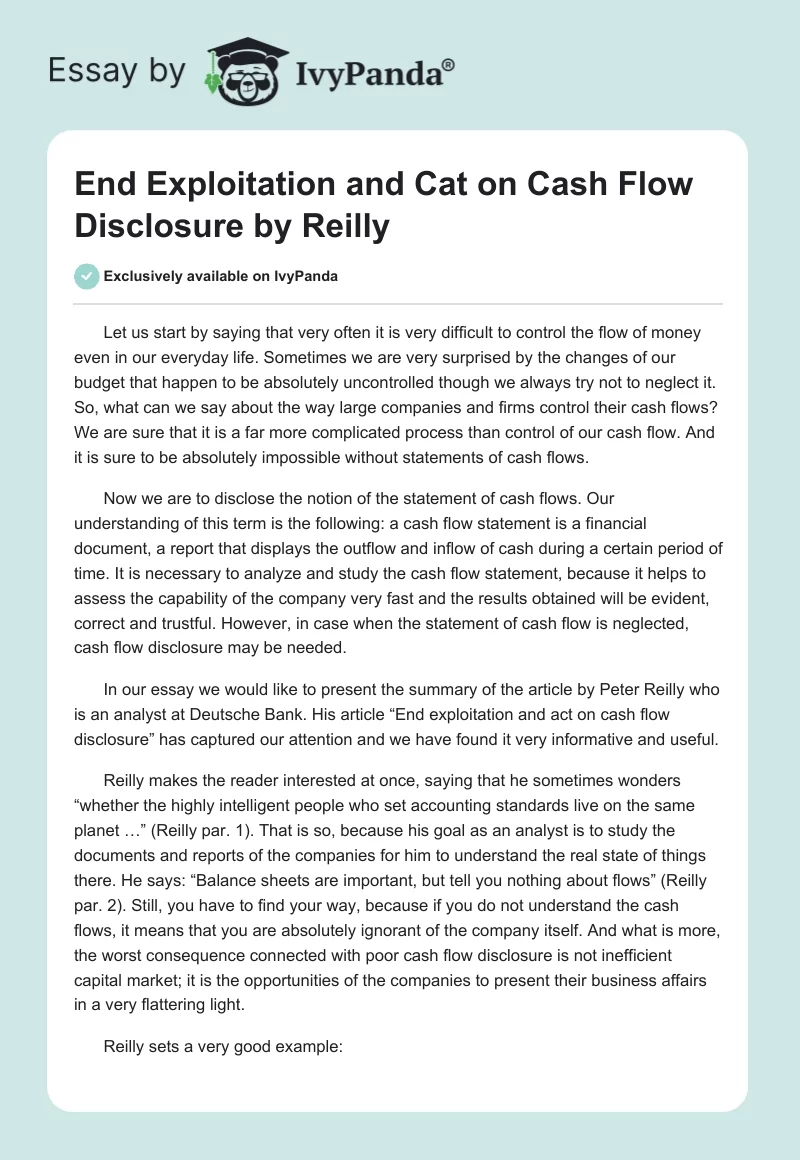 "End Exploitation and Cat on Cash Flow Disclosure" by Reilly. Page 1