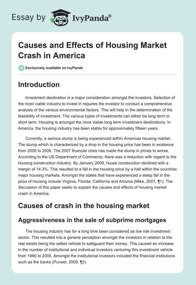 Causes and Effects of Housing Market Crash in America. Page 1