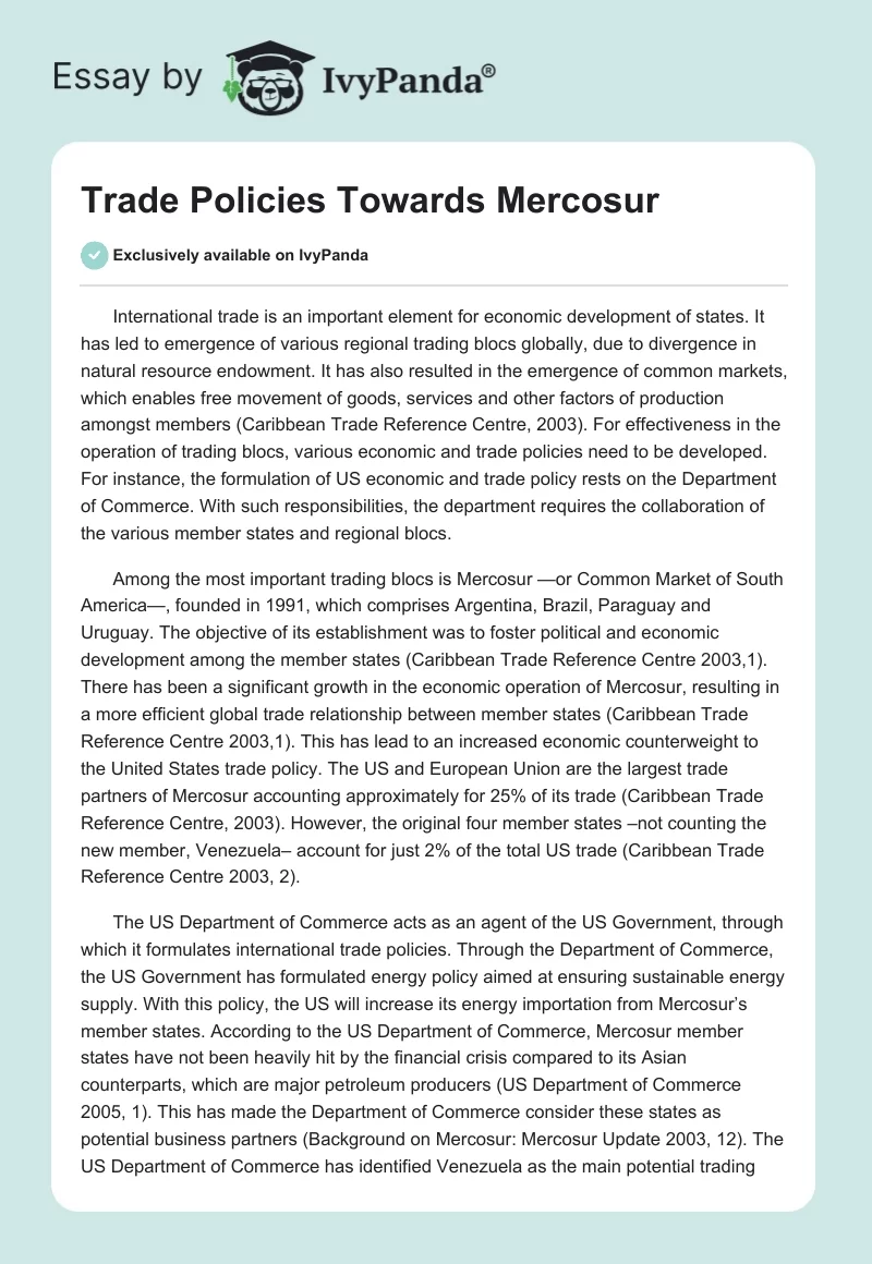 Trade Policies Towards Mercosur. Page 1