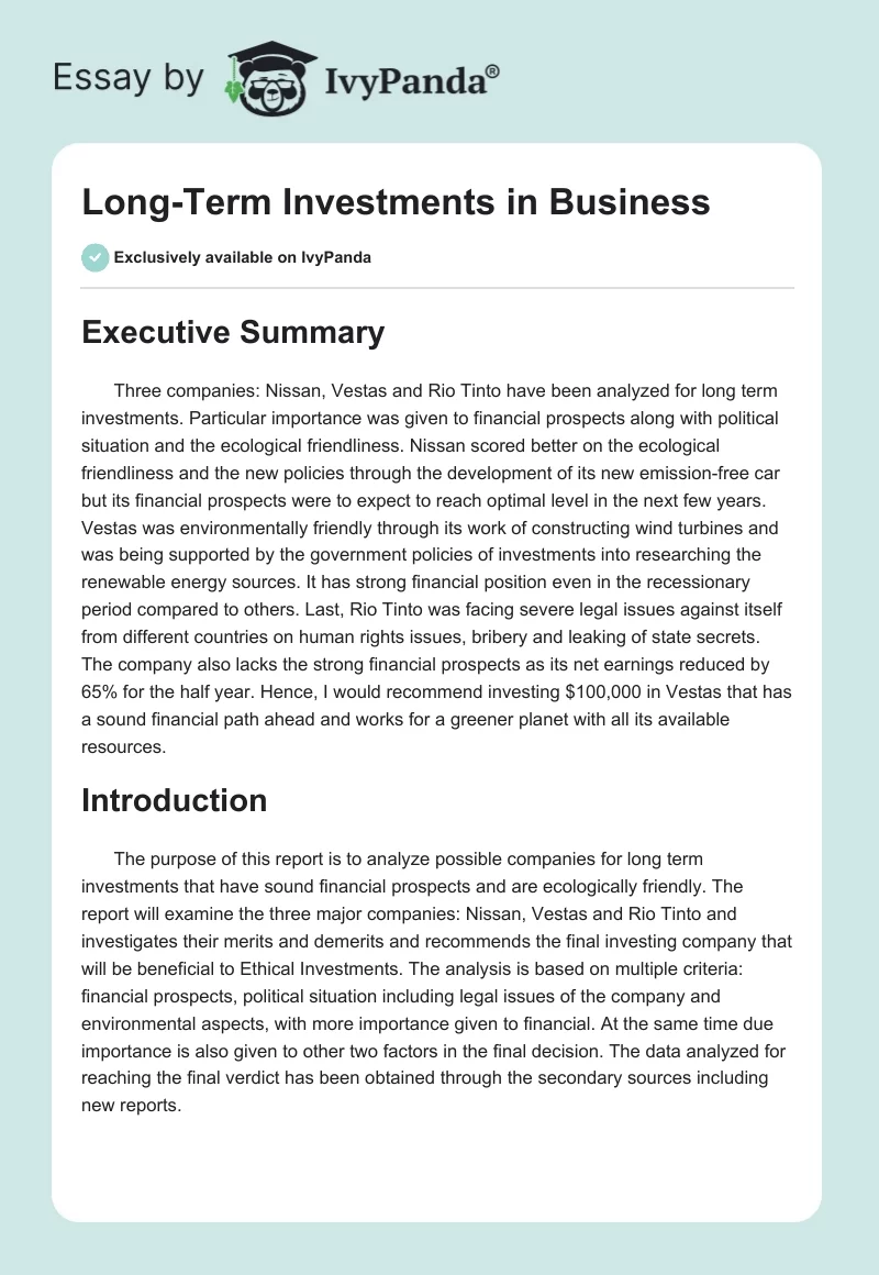 Long-Term Investments in Business. Page 1