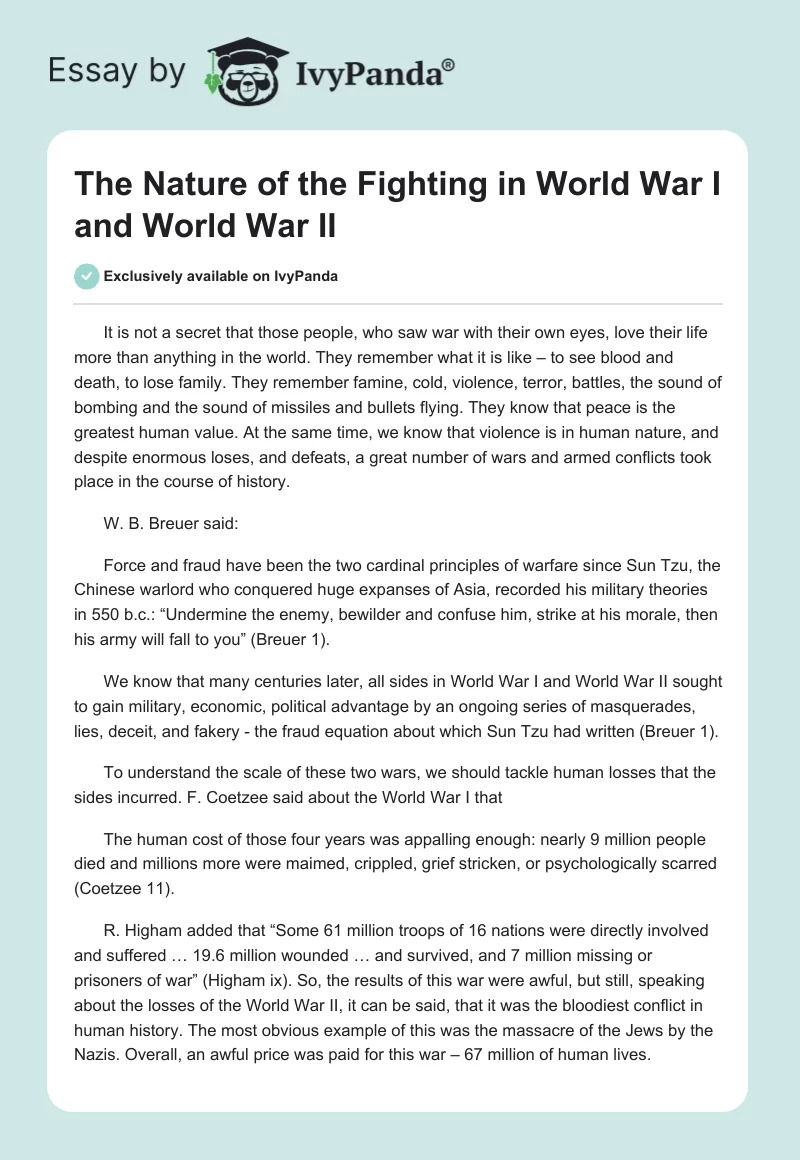 The Nature of the Fighting in World War I and World War II. Page 1
