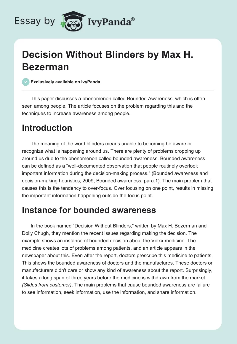 "Decision Without Blinders" by Max H. Bezerman. Page 1