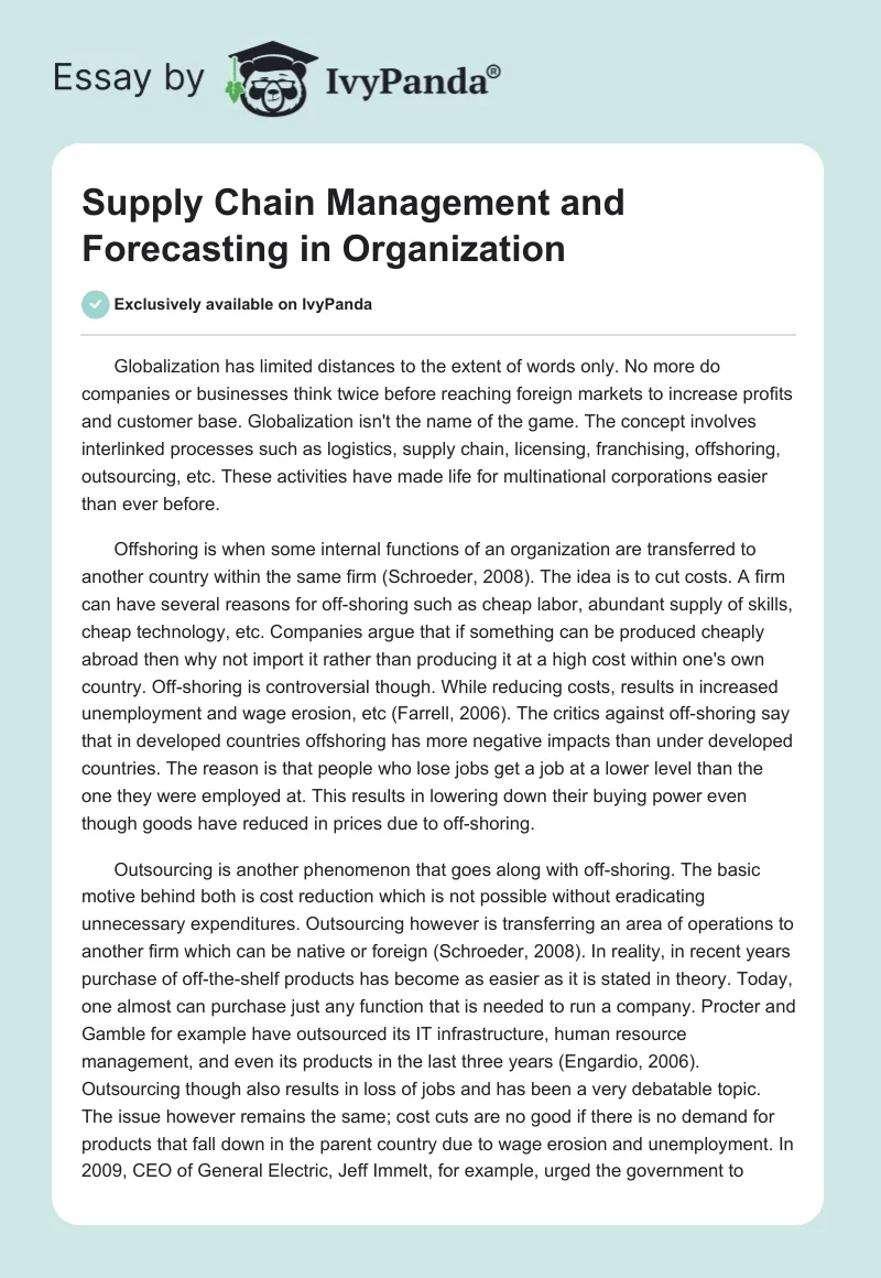 Supply Chain Management and Forecasting in Organization. Page 1